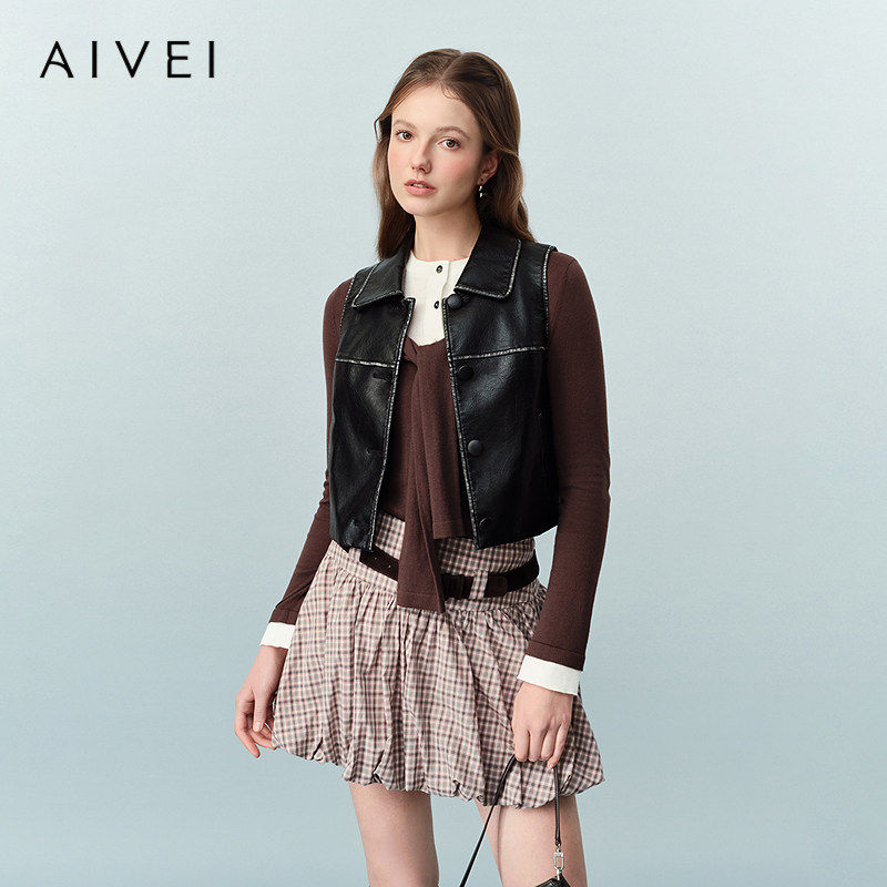 AIVEI欣贺艾薇2026春季文艺中古皮衣马甲PU机车夹克外套XSV1V02C