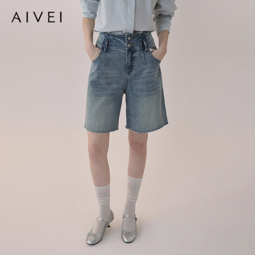 AIVEI欣贺艾薇2026春季直筒毛边五分牛仔裤美式休闲短裤XSV1Y01A