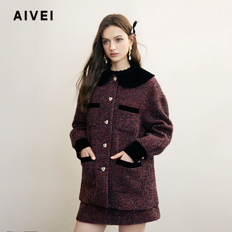 AIVEI欣贺艾薇2024冬季财阀千金小香娃娃领中长红色外套R758201A,女装/女士精品,短外套,淘宝优惠券,粉丝福利购,淘宝优惠卷