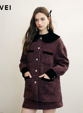 AIVEI欣贺艾薇2024冬季财阀千金小香娃娃领中长红色外套R758201A