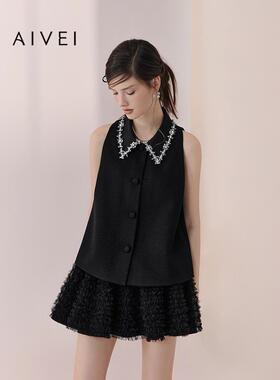 AIVEI欣贺艾薇2026春夏千金淑女风水钻尖领挂脖无袖上衣XSV1S08B