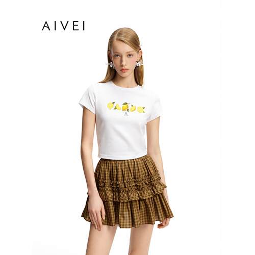 AIVEI欣贺艾薇2026夏季新柠檬短上衣清新印花圆领短袖T恤XSV3T05C
