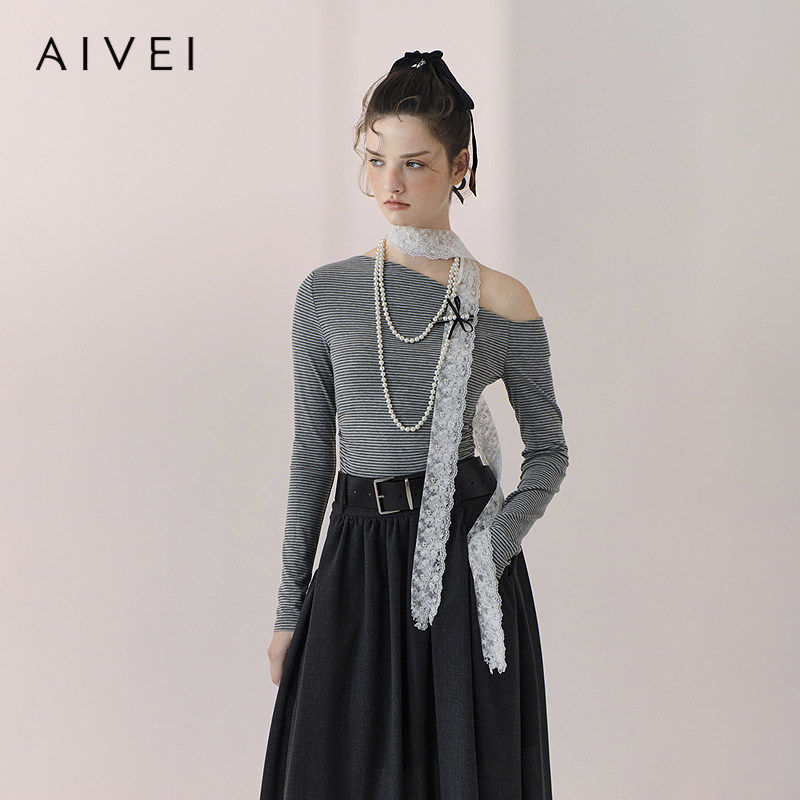 AIVEI欣贺艾薇2026春季设计感斜肩条纹修身长袖T恤上衣XSV1S05C