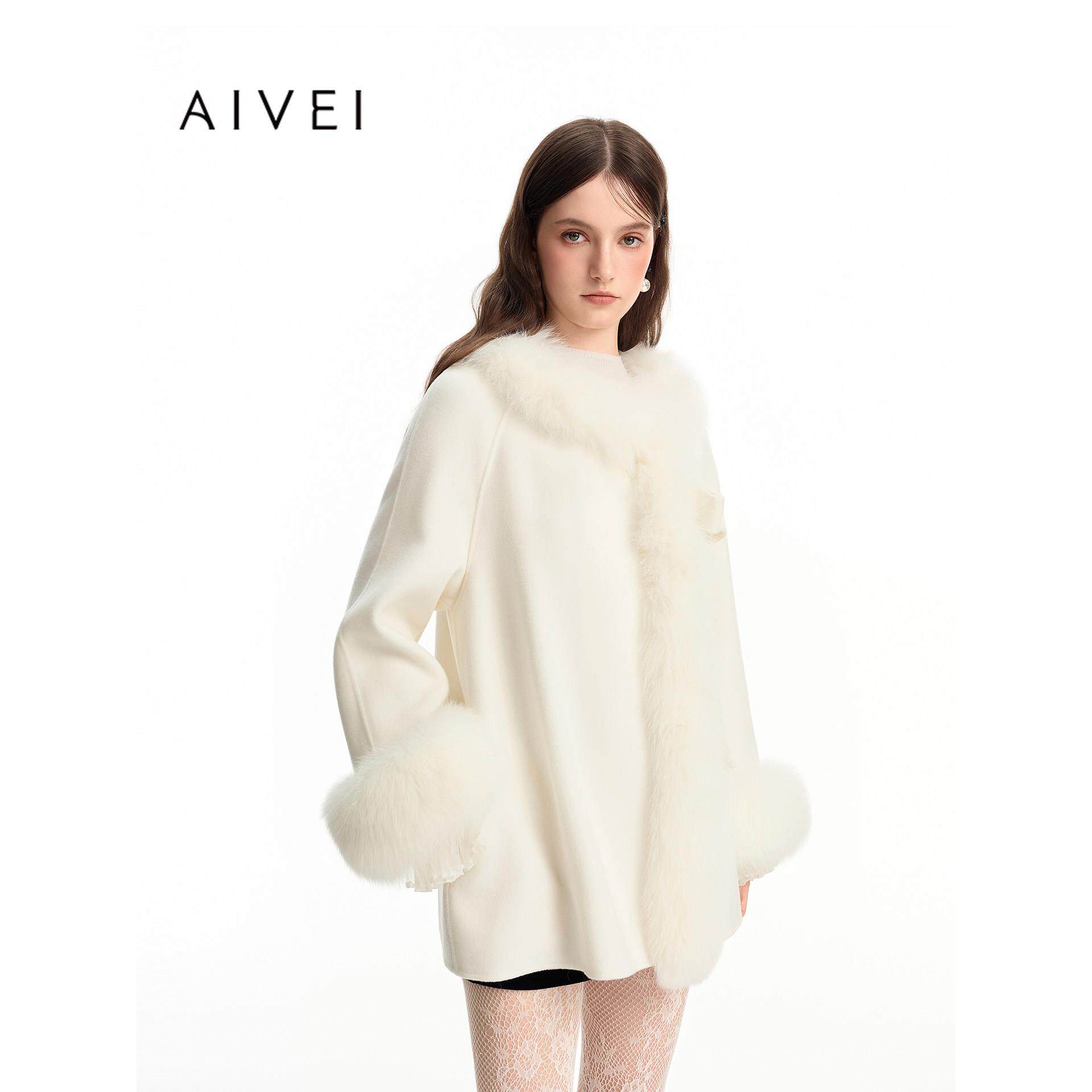 AIVEI欣贺艾薇2026冬季新氛围感千金风带毛领中长呢大衣XSV7D11B