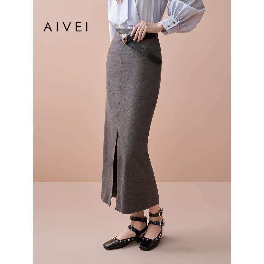 AIVEI欣贺艾薇2025秋季新简约前开叉直筒长裙气场包臀裙XRV5Q48A