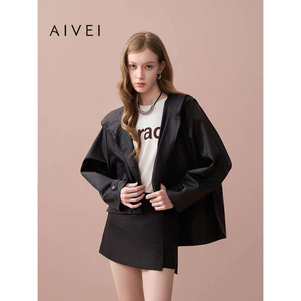 AIVEI欣贺艾薇2025秋季新甜酷风山系宽松连帽风衣短外套XRV5W19B