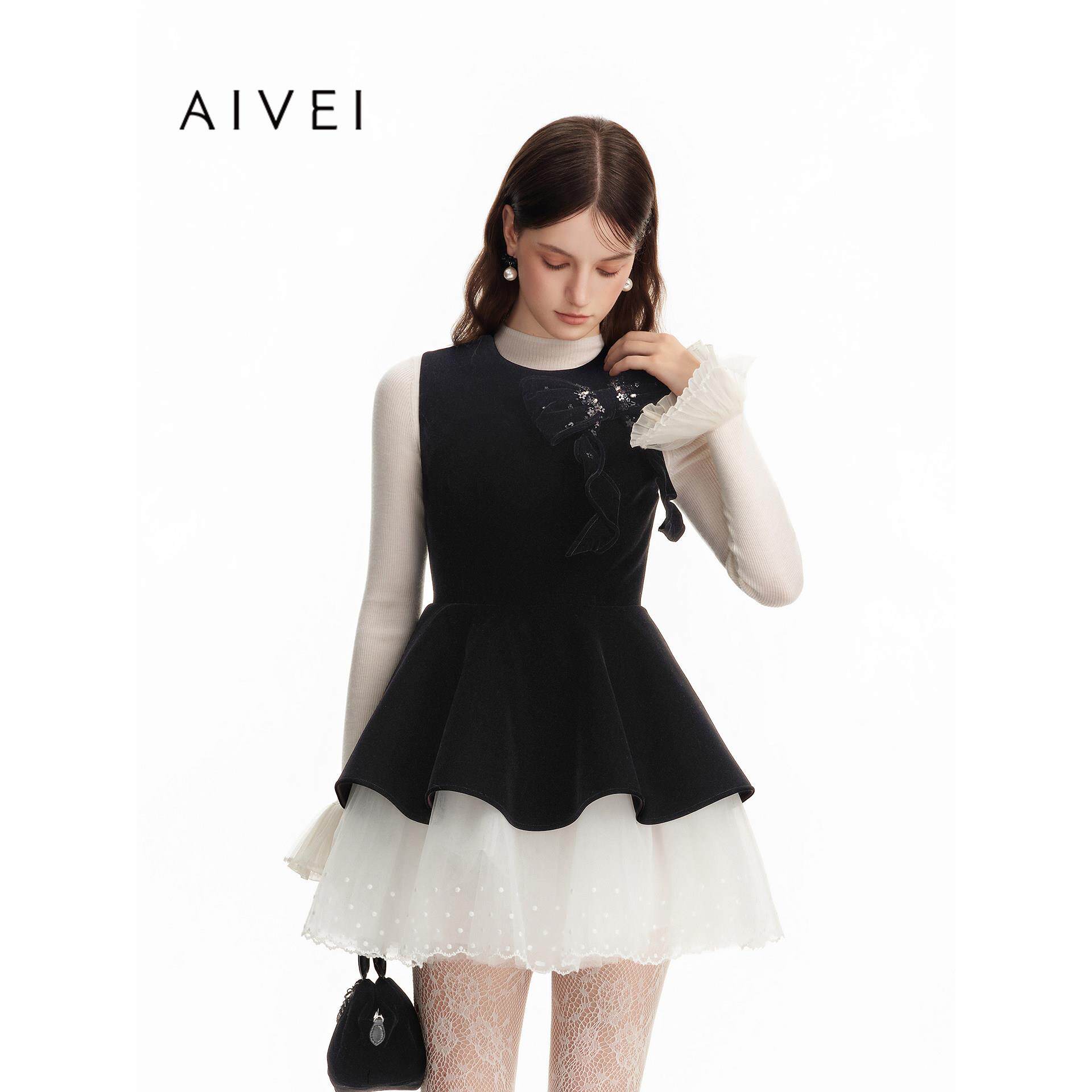 AIVEI欣贺艾薇2026冬季新公主风丝绒拼接网纱无袖连衣裙ESV7L04B