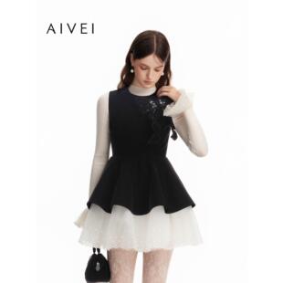 AIVEI欣贺艾薇2026冬季新公主风丝绒拼接网纱无袖连衣裙ESV7L04B