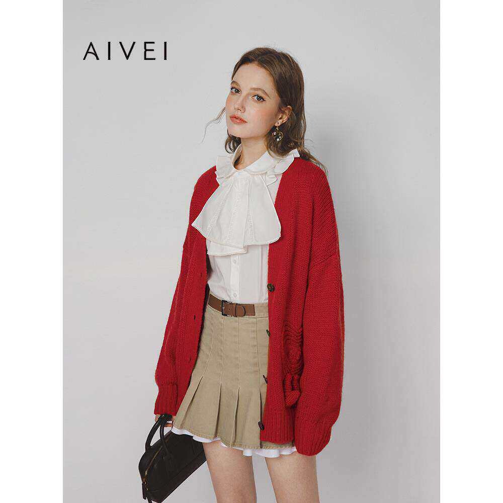 AIVEI欣贺艾薇2025春季日系慵懒宽松中长款红色针织开衫S714503A