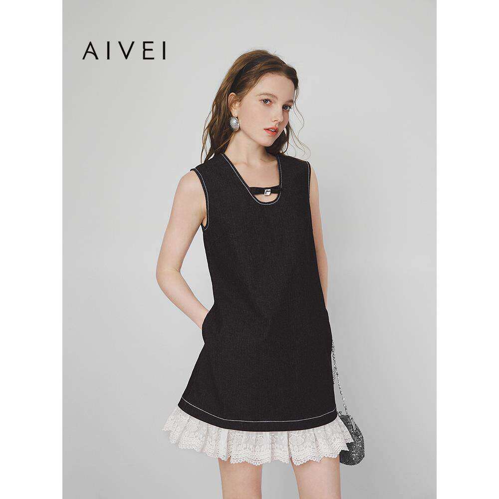 AIVEI欣贺艾薇2025春夏减龄甜酷少女蕾丝拼接牛仔背心裙S715702A