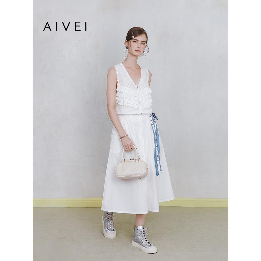 AIVEI欣贺艾薇2025夏季日系文艺森女高腰压褶A版中长裙S723503A