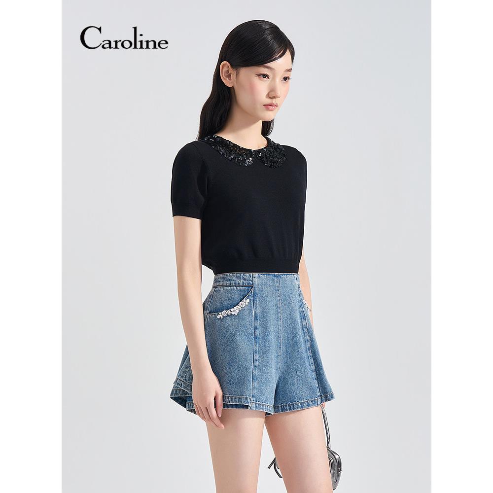 Caroline卡洛琳2026夏季新款亮片娃娃领短袖针织上衣ESC3M01C