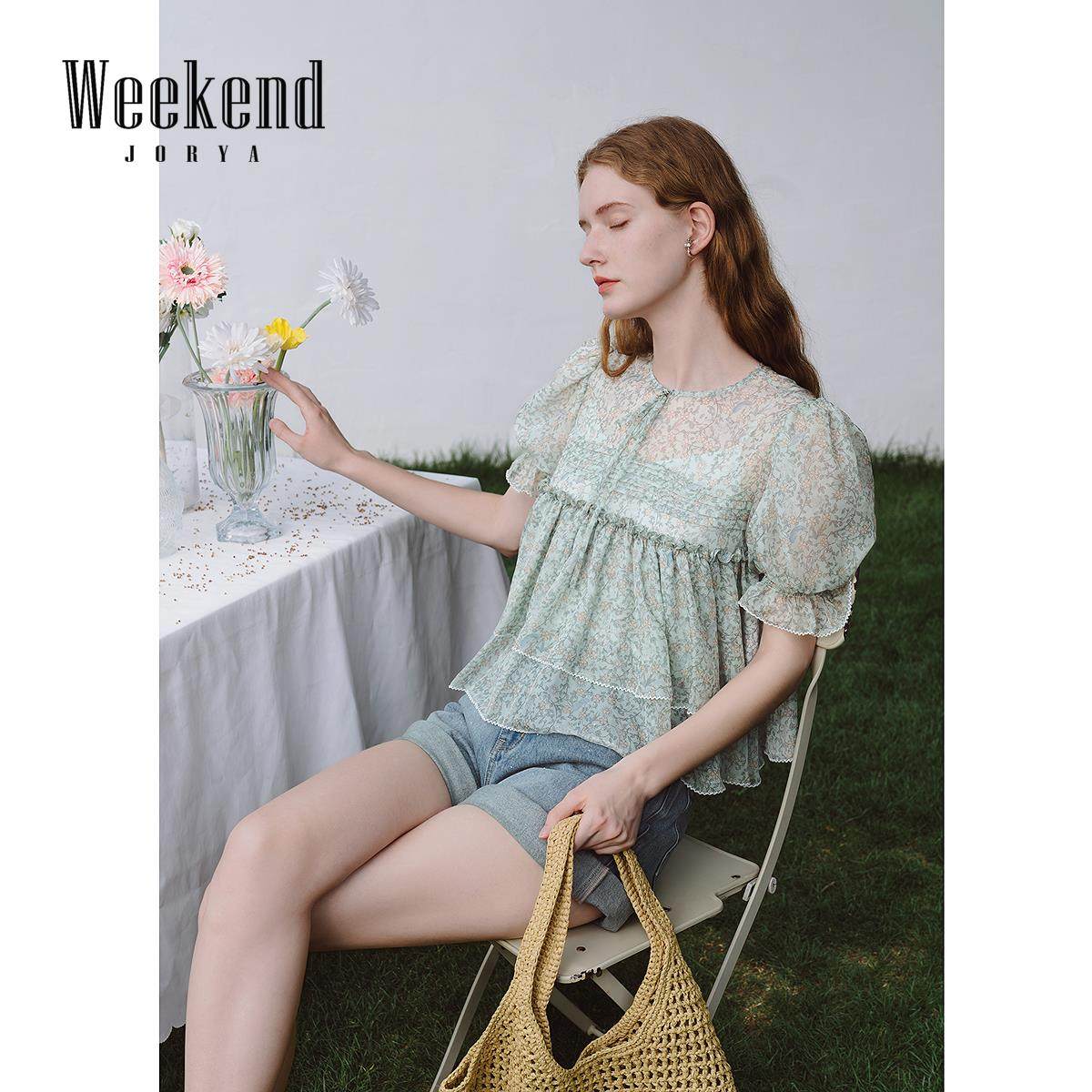 卓雅周末25夏新浪漫法式荷叶边清新碎花蝴蝶结泡泡袖雪纺衫女上衣,女装/女士精品,蕾丝衫/雪纺衫,淘宝优惠券,粉丝福利购,淘宝优惠卷