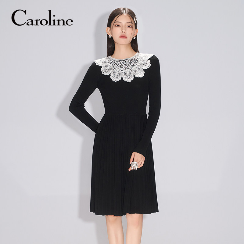 Caroline卡洛琳25春季新款法式宫廷感长袖收腰小黑裙ECRFAB02