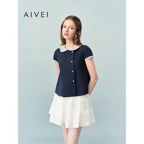 AIVEI欣贺艾薇2026夏季日系甜妹减龄波点娃娃领针织开衫XSV3M02B