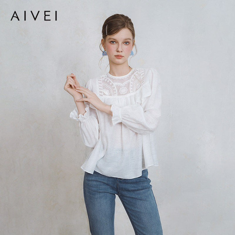 AIVEI欣贺艾薇2025春季森系田园少女甜美荷叶边娃娃上衣S710802A