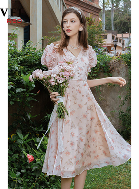 AIVEI欣贺艾薇2023夏季新初恋气质茶歇设计感印花连衣裙Q036S108