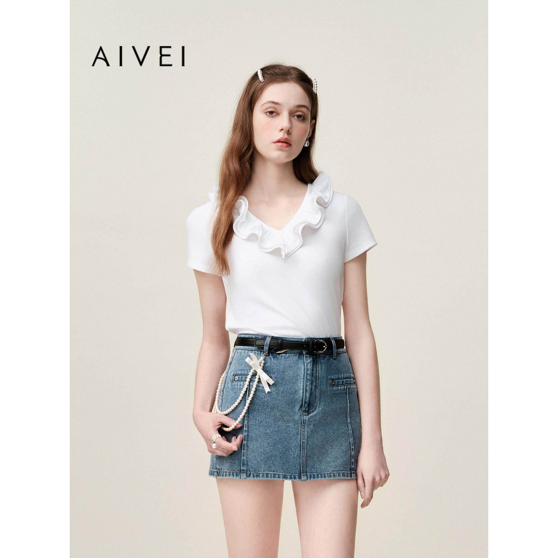 AIVEI欣贺艾薇2026夏季新减龄小清新波浪花边V领短袖T恤XSV3T03B