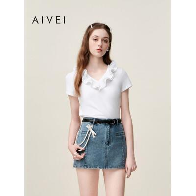 AIVEI欣贺艾薇2026夏季新减龄小清新波浪花边V领短袖T恤XSV3T03B