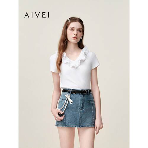 AIVEI欣贺艾薇2026夏季新减龄小清新波浪花边V领短袖T恤XSV3T03B
