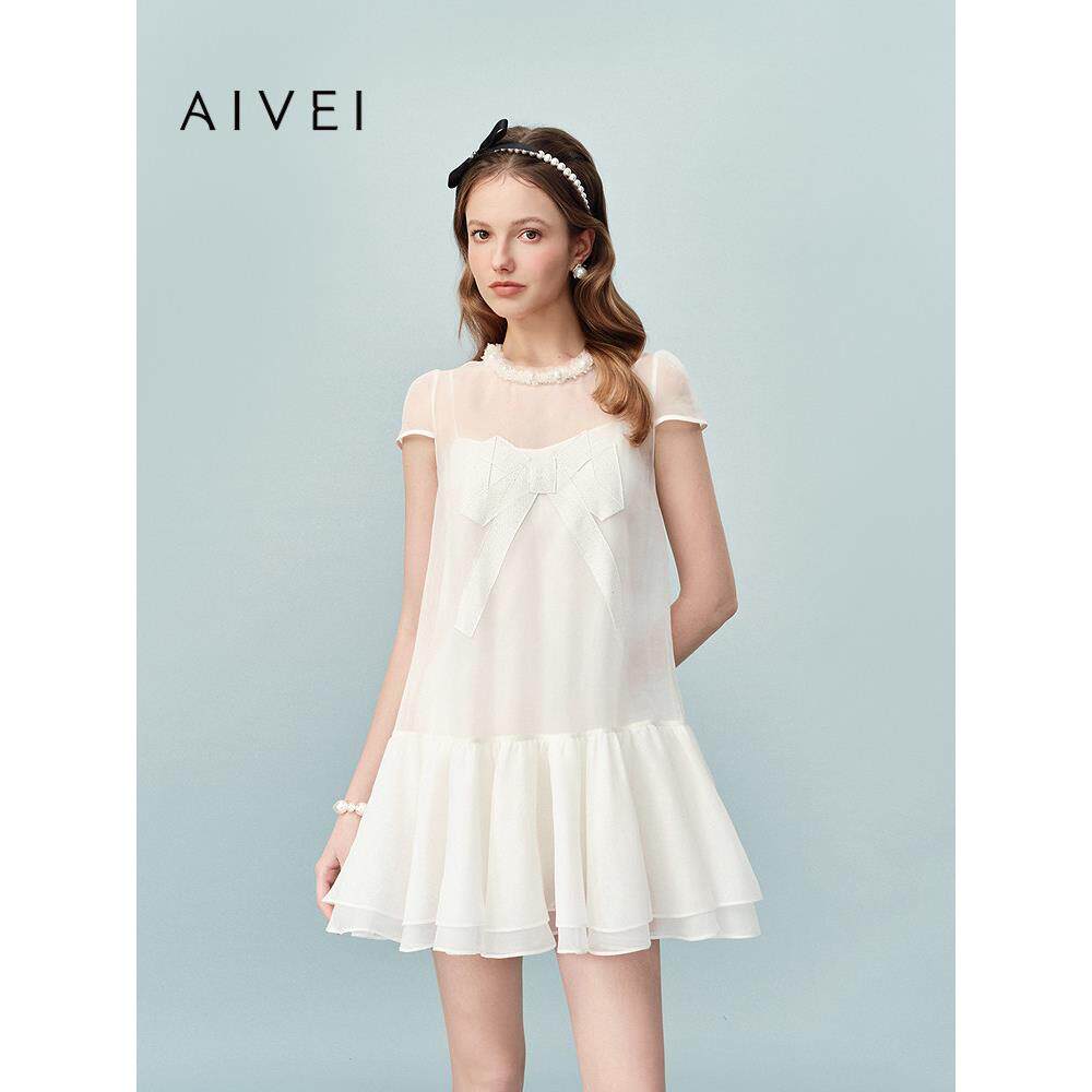 AIVEI欣贺艾薇2026夏季少女减龄蝴蝶结娃娃版雪纺连衣裙XSV3L29B