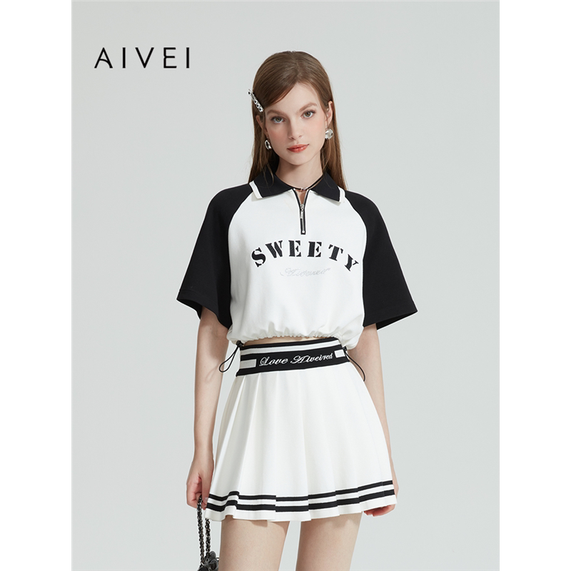 AIVEI欣贺艾薇夏季新运动学院风字母烫钻收腰短T恤POLO衫R0360066