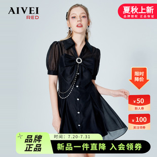 AIVEI欣賀艾薇2022夏新品 V領(lǐng)高腰連衣裙知性雪紡小黑裙P03W0032