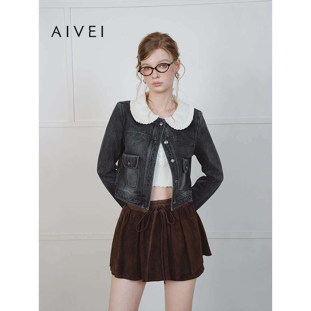 AIVEI欣贺艾薇2025春少女甜美减龄小香风娃娃领牛仔外套S712604B