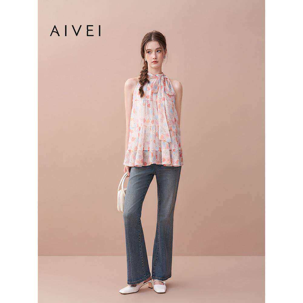 AIVEI欣贺艾薇2025夏季新小个子温柔淑女风挂脖雪纺上衣XRV3S04B