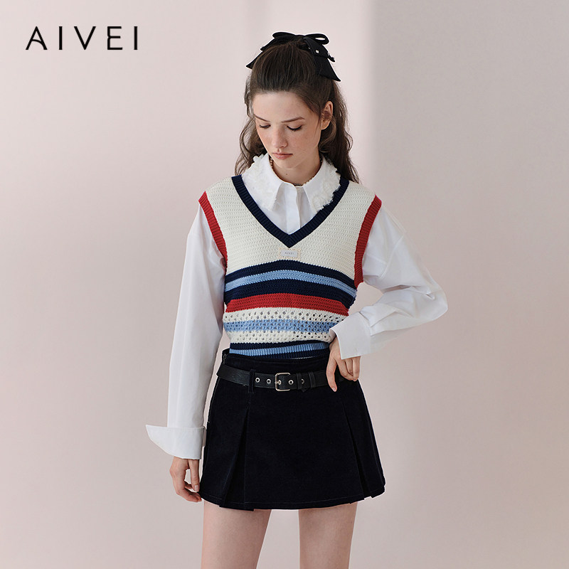 AIVEI欣贺艾薇2026春季新减龄学院风V领条纹针织背心马甲XSV1M06B