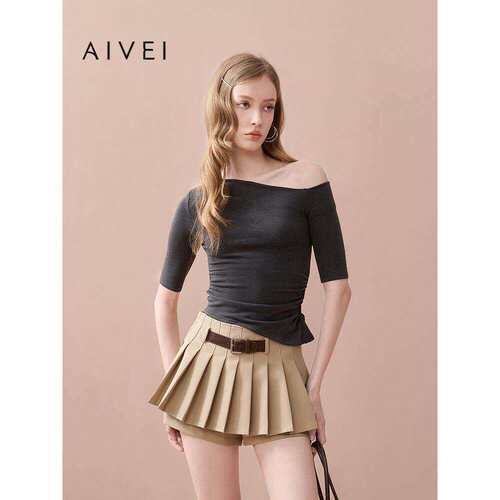 AIVEI欣贺艾薇2025夏季美式甜辣不对称斜肩掐腰T恤上衣XRV3501B