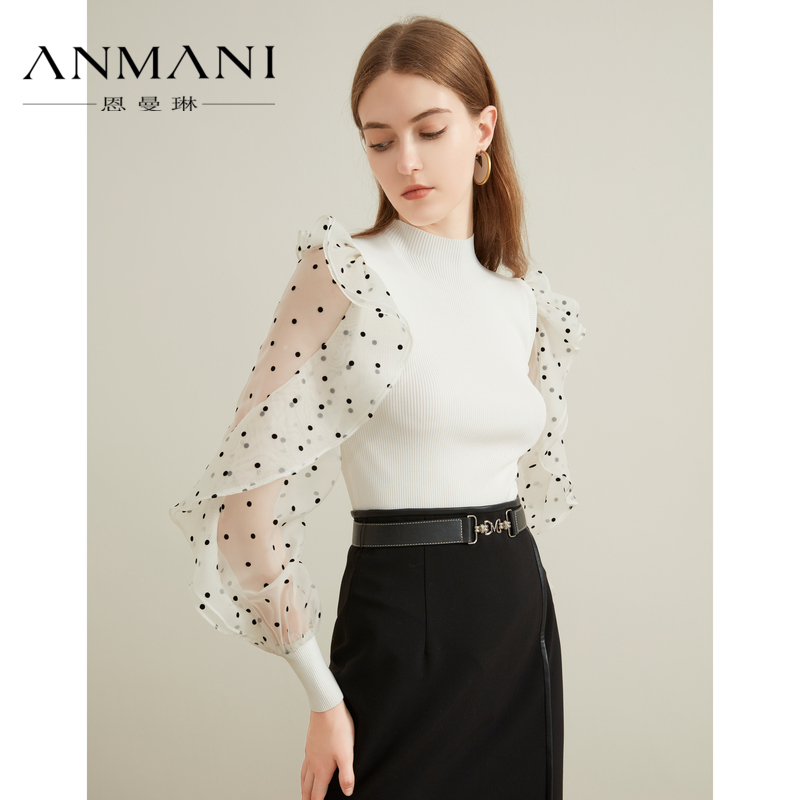 恩曼琳黑白波点荷叶袖拼接针织衫