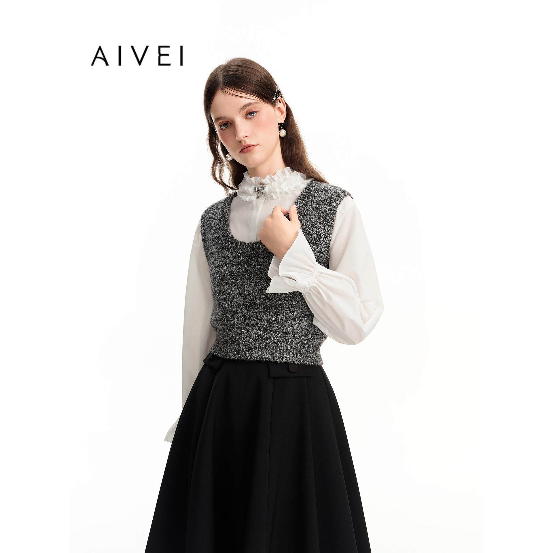 AIVEI欣贺艾薇2026冬季新日韩少女U领针织背心衬衫两件套XSV7M24B