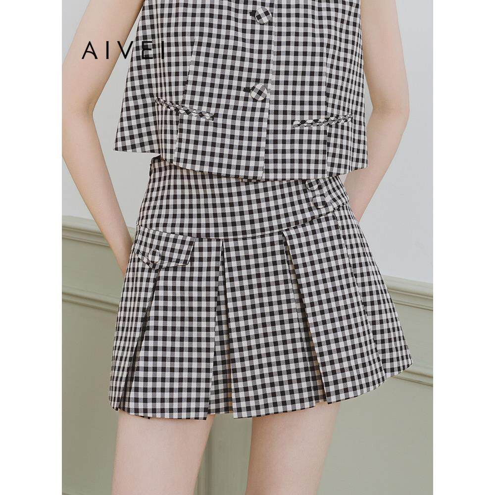 AIVEI欣贺艾薇夏季少女文艺学院甜美黑白格百褶短裙S720202A
