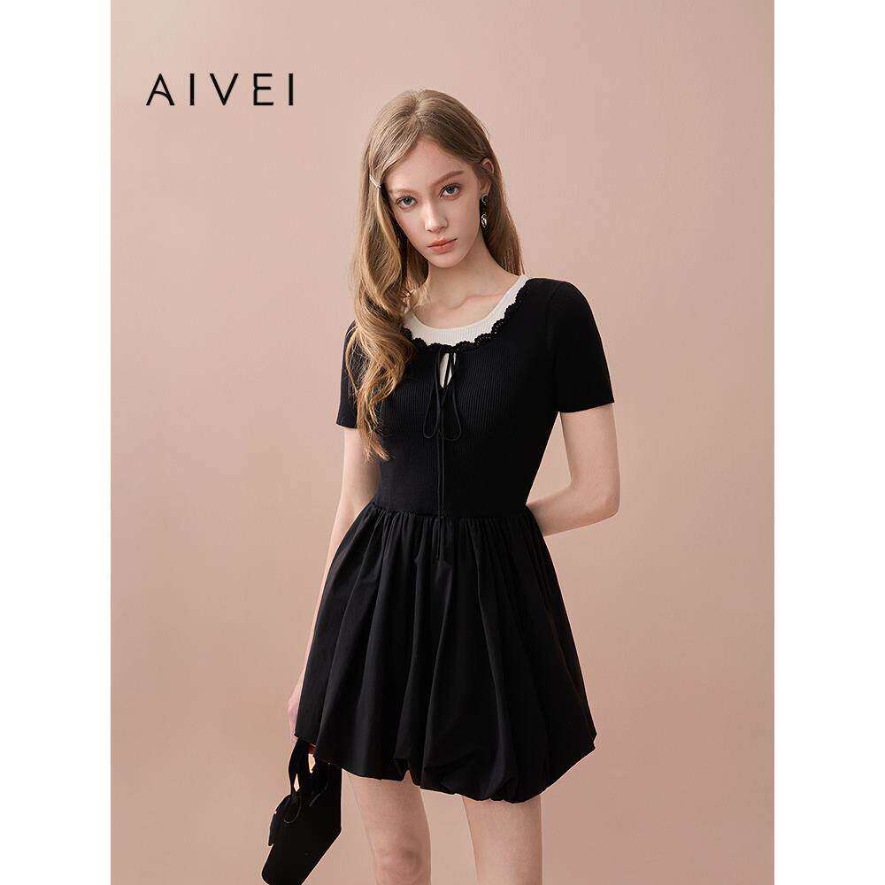 AIVEI欣贺艾薇2025秋季新少女气质感短袖花苞针织连衣裙XRV5L22A