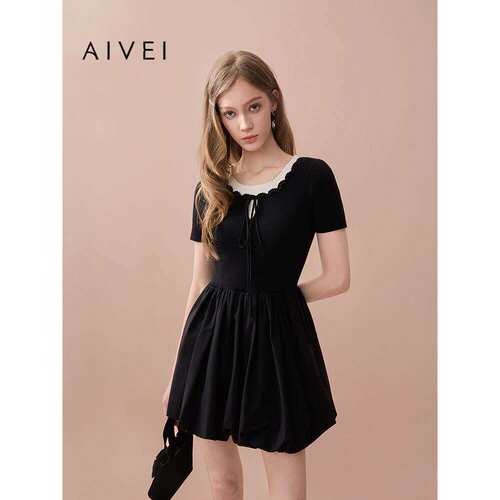 AIVEI欣贺艾薇2025秋季新少女气质感短袖花苞针织连衣裙XRV5L22A