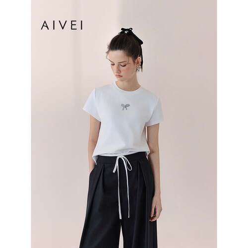 AIVEI欣贺艾薇2026春夏新简约正肩短袖T恤蝴蝶结百搭上衣XSV1T02B