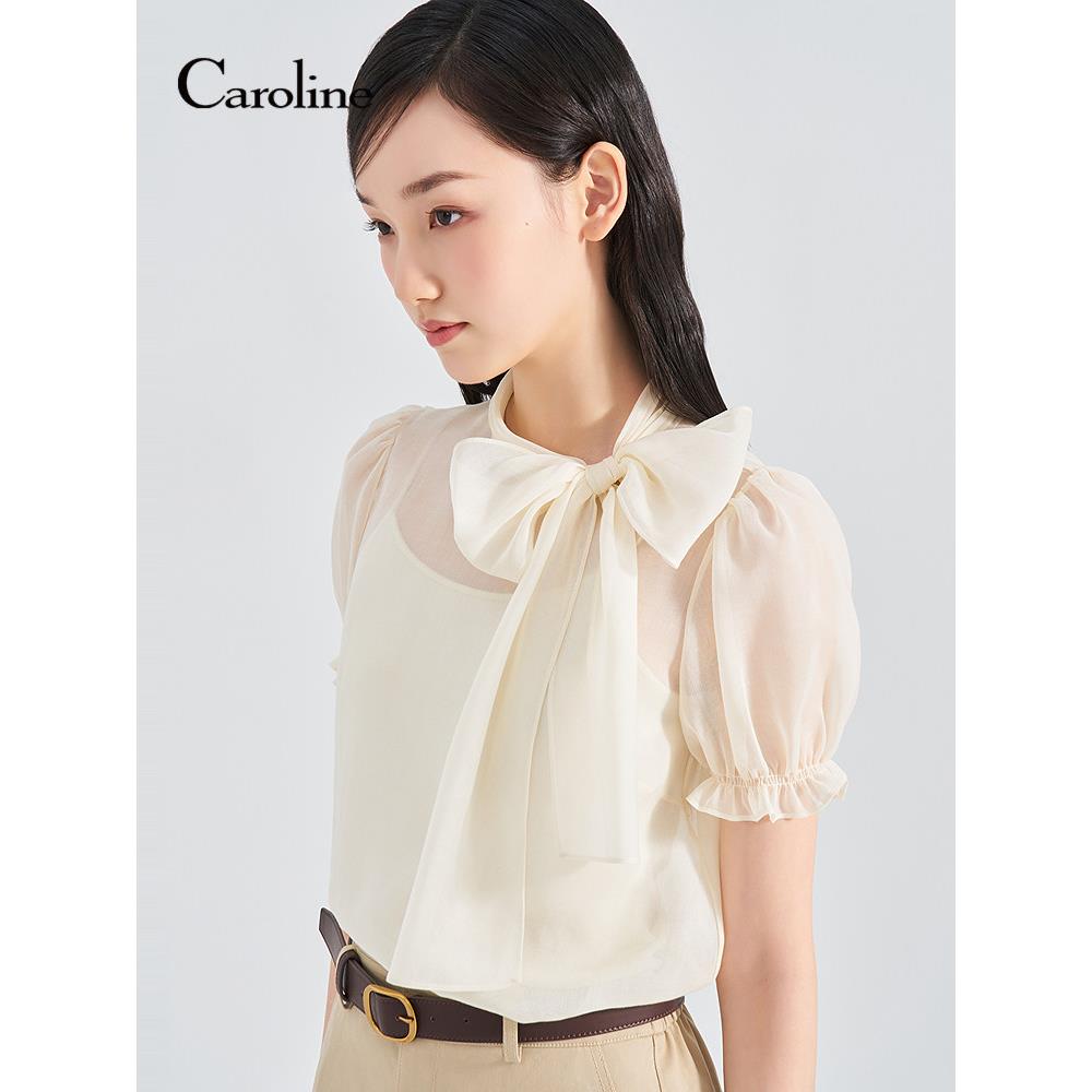 Caroline卡洛琳2026夏季新款复古泡泡袖飘带领衬衫上衣ESC3S03H