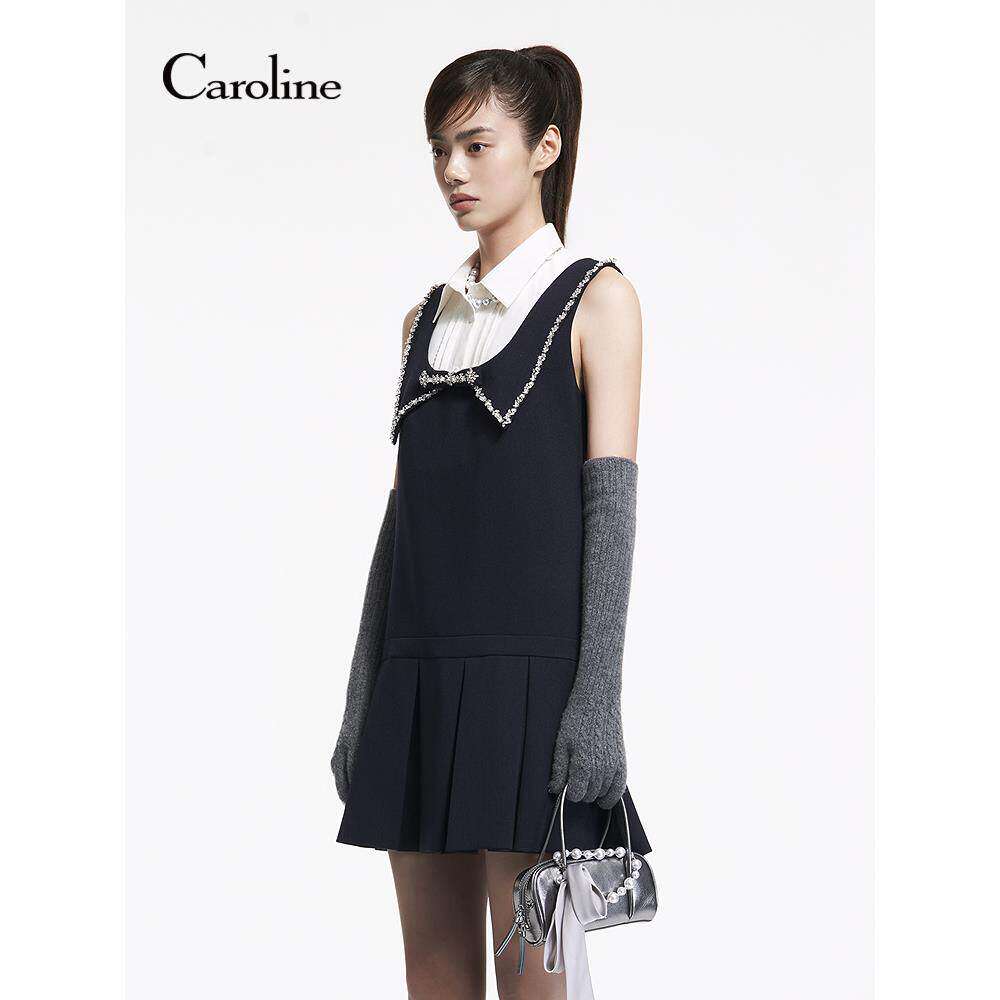 Caroline卡洛琳2025冬季新款甜美翻领钉珠百褶连衣裙ERC7L03C