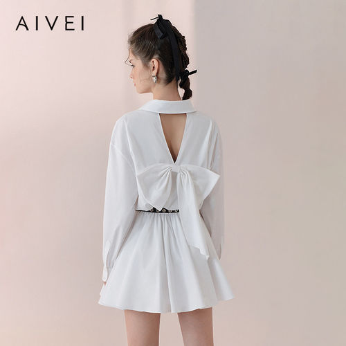 AIVEI欣贺艾薇2026春季甜美学院风蝴蝶结长袖衬衫连衣裙XSV1L02B