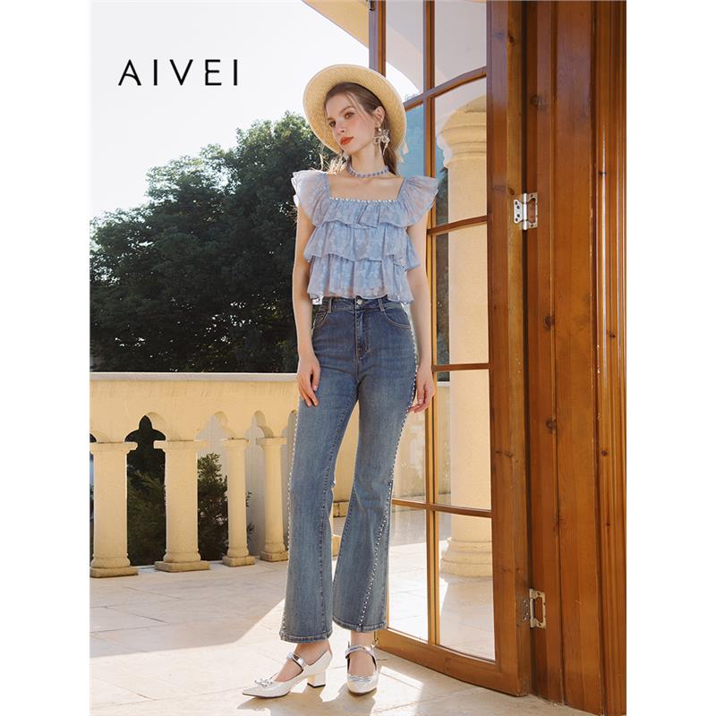 AIVEI欣贺艾薇 南法夏梦 夏季新超仙方领烫钻娃娃雪纺衫R0360009