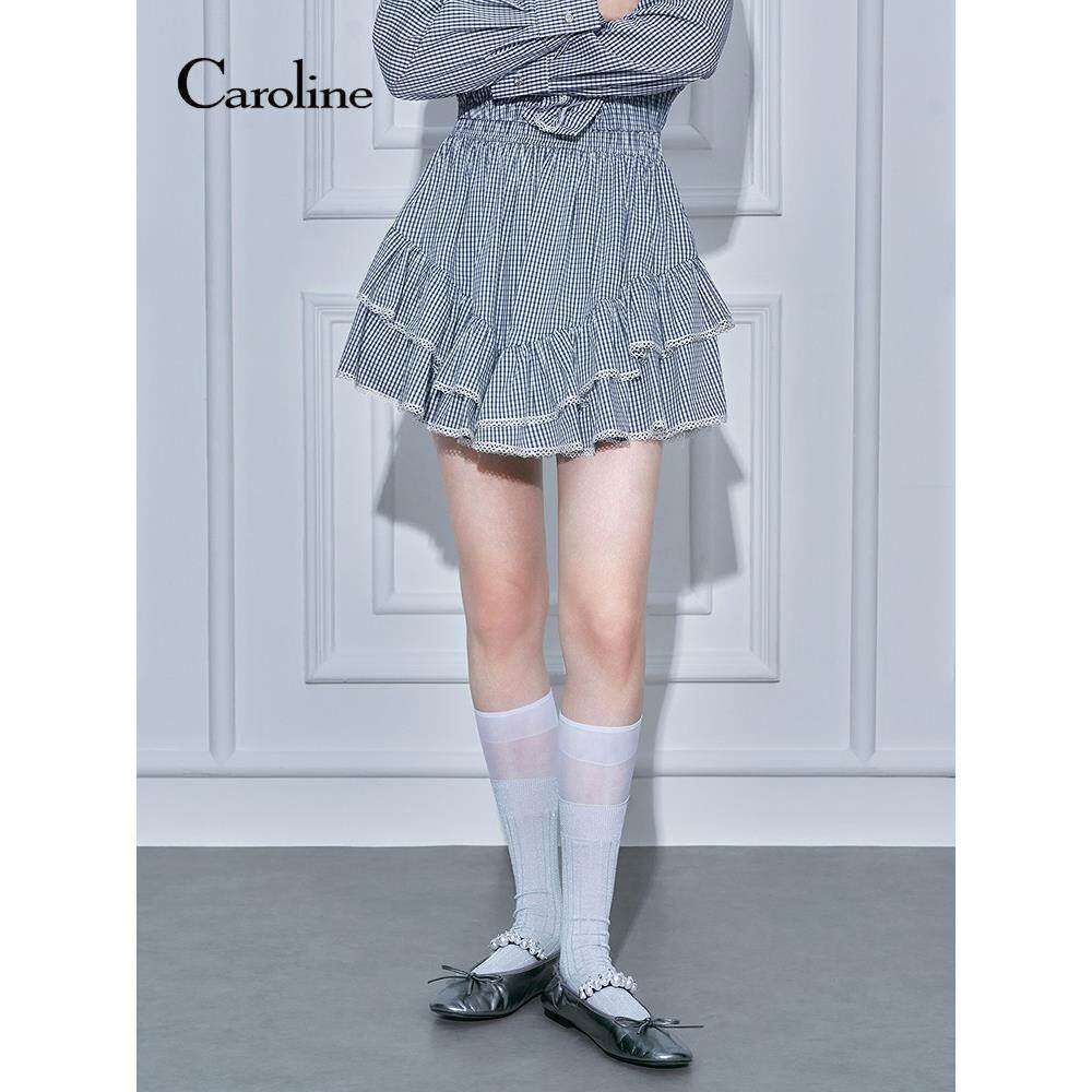 Caroline卡洛琳2026春季新款蓝白格纹荷叶边蕾丝半身裙ESC0Q01C