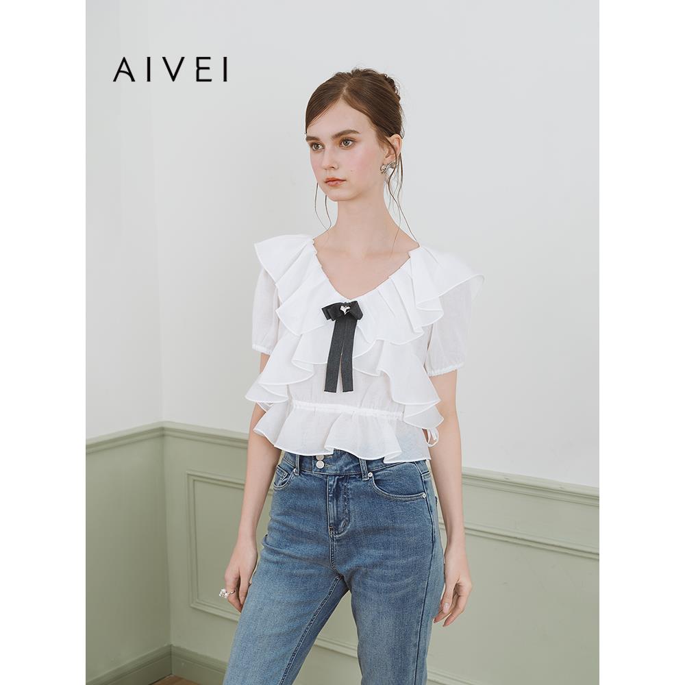 AIVEI欣贺艾薇2025夏季新仙女甜美风减龄荷叶边雪纺上衣S723401A