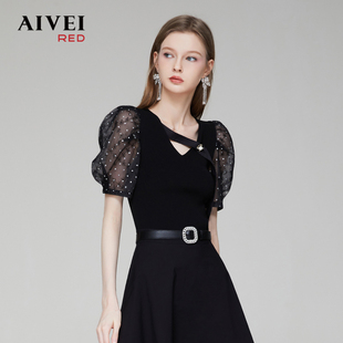 AIVEI2024年春季新款优雅知性轻熟风波点泡泡袖V领针织衫Q0360014