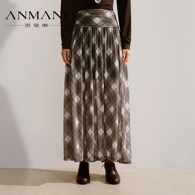 ANNMEL恩曼琳26春季新款棕色复古格子a字半身裙收腰长裙ESA1Q03C