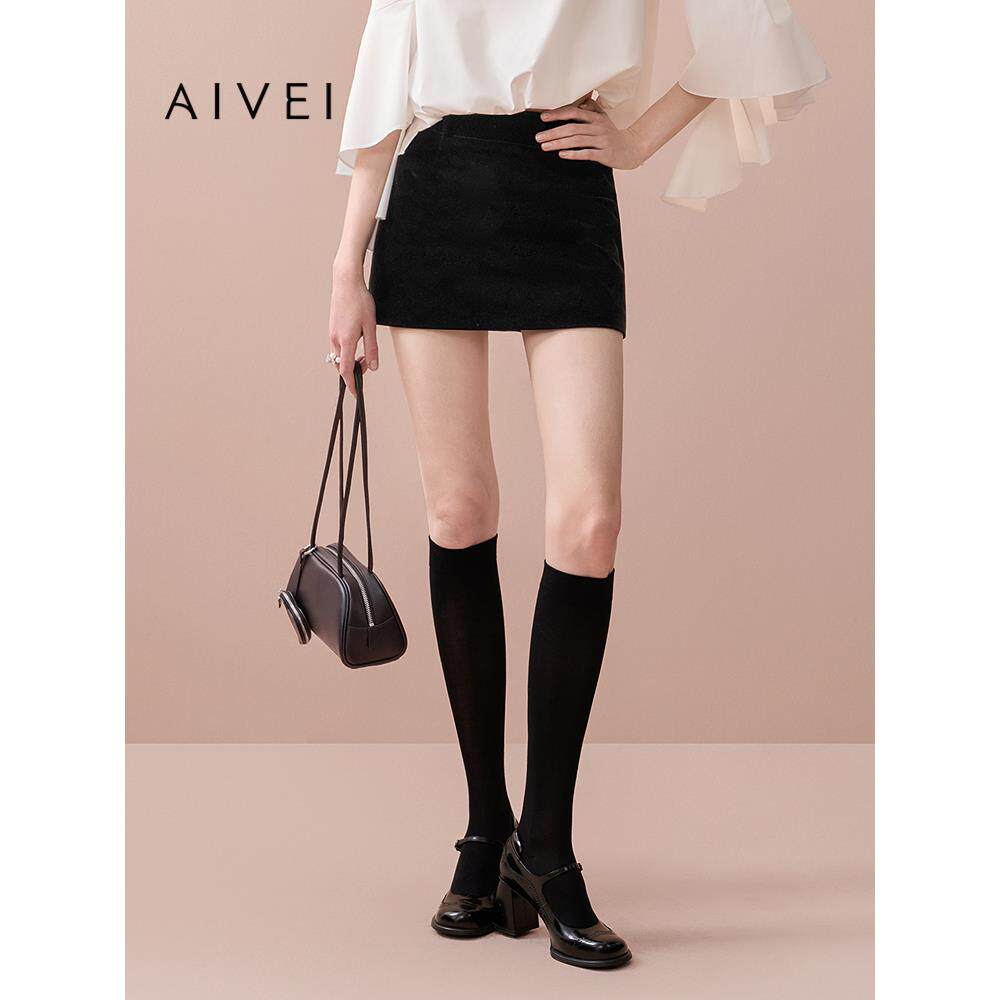 AIVEI欣贺艾薇2025秋季新显瘦A版气质百搭通勤丝绒短裙XRV5Q20A