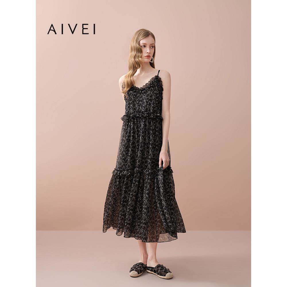 AIVEI欣贺艾薇2025秋季新沙滩度假雪纺吊带碎花连衣长裙XRV4L20A