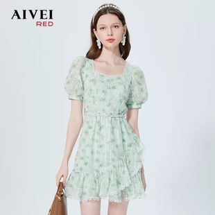 AIVEI欣贺艾薇夏新浪漫方领收腰短袖碎花鱼尾连衣裙P0360048