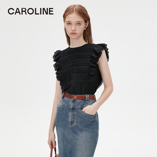 Caroline 商场同款 2024夏季新款黑色小飞袖桑蚕丝上衣Q622501D