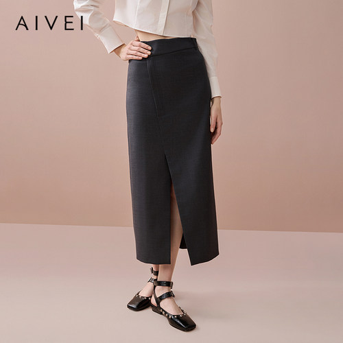 AIVEI欣贺艾薇2025秋季新知性通勤优雅结构中长款开叉裙XRV5Q35A